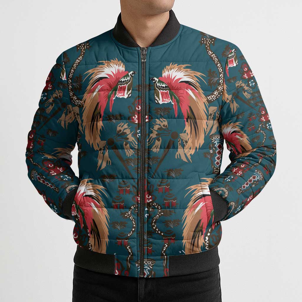 Dark Cyan Blue Bird of Batik Papua Bomber Puffer Jacket Exotic Natural Wealth of Papua LT9 - Polynesian Pride