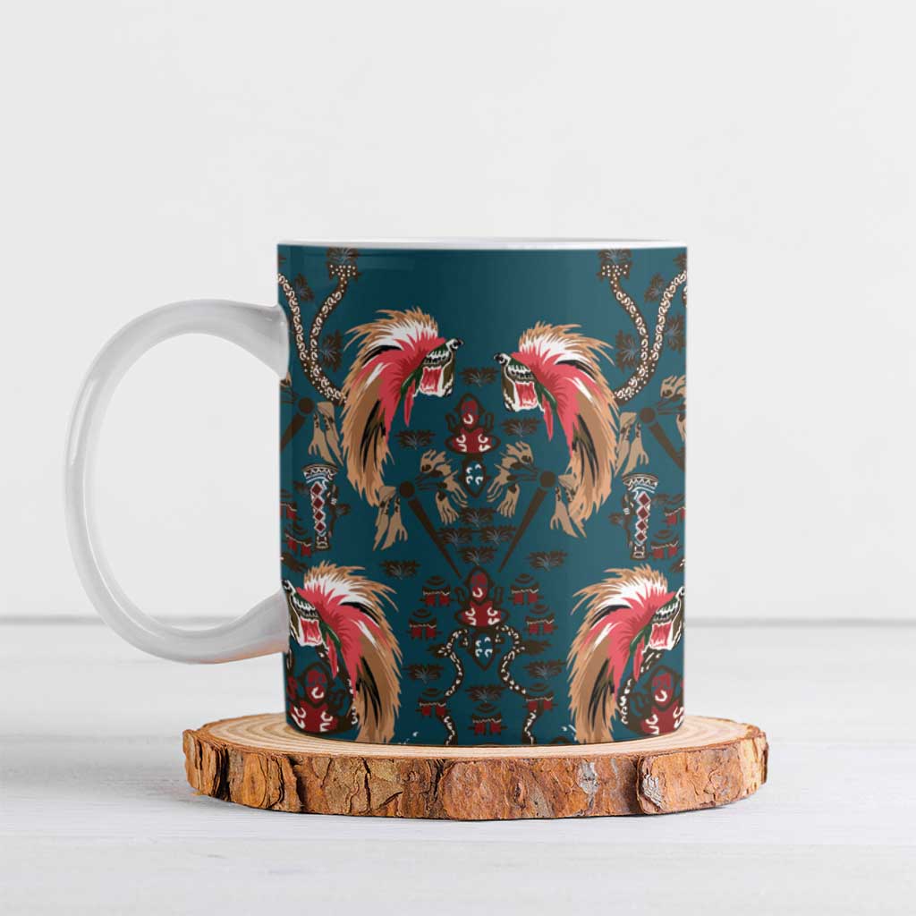 Dark Cyan Blue Bird of Batik Papua Ceramic Mug Exotic Natural Wealth of Papua LT9 Blue - Polynesian Pride