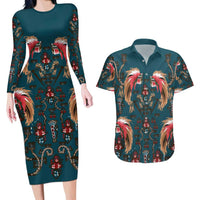Dark Cyan Blue Bird of Batik Papua Couples Matching Long Sleeve Bodycon Dress and Hawaiian Shirt Exotic Natural Wealth of Papua LT9 Blue - Polynesian Pride