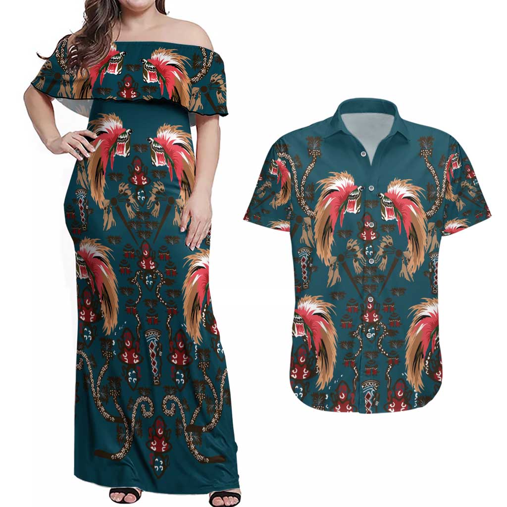 Dark Cyan Blue Bird of Batik Papua Couples Matching Off Shoulder Maxi Dress and Hawaiian Shirt Exotic Natural Wealth of Papua LT9 Blue - Polynesian Pride