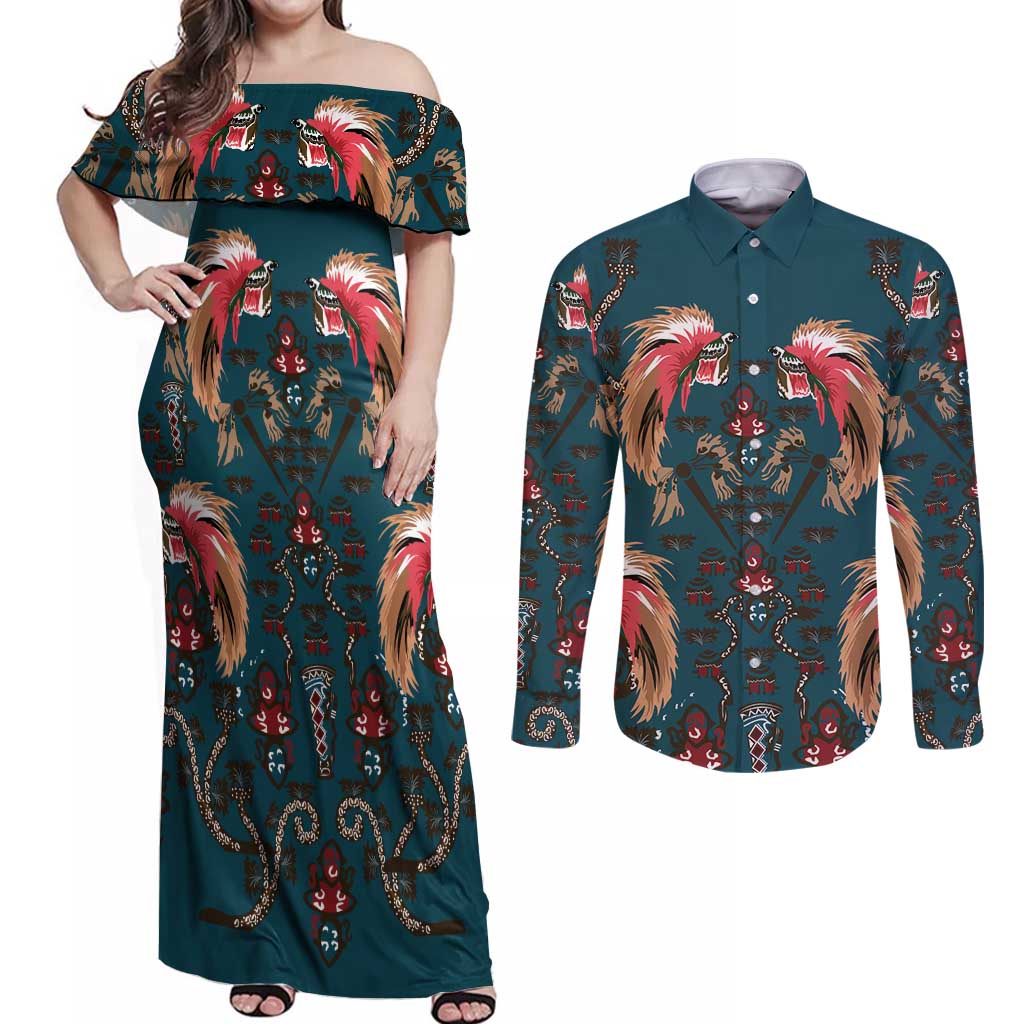Dark Cyan Blue Bird of Batik Papua Couples Matching Off Shoulder Maxi Dress and Long Sleeve Button Shirt Exotic Natural Wealth of Papua LT9 Blue - Polynesian Pride