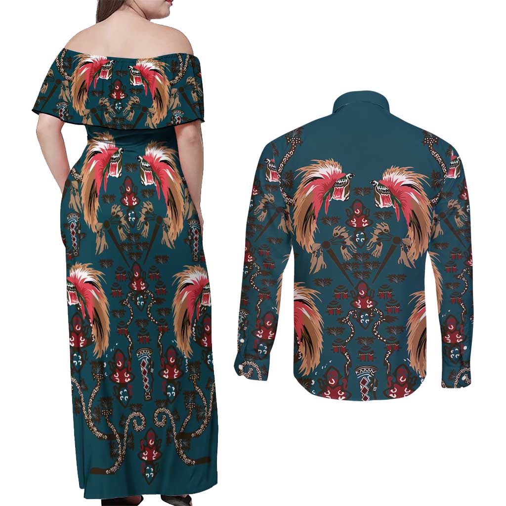 Dark Cyan Blue Bird of Batik Papua Couples Matching Off Shoulder Maxi Dress and Long Sleeve Button Shirt Exotic Natural Wealth of Papua LT9 - Polynesian Pride
