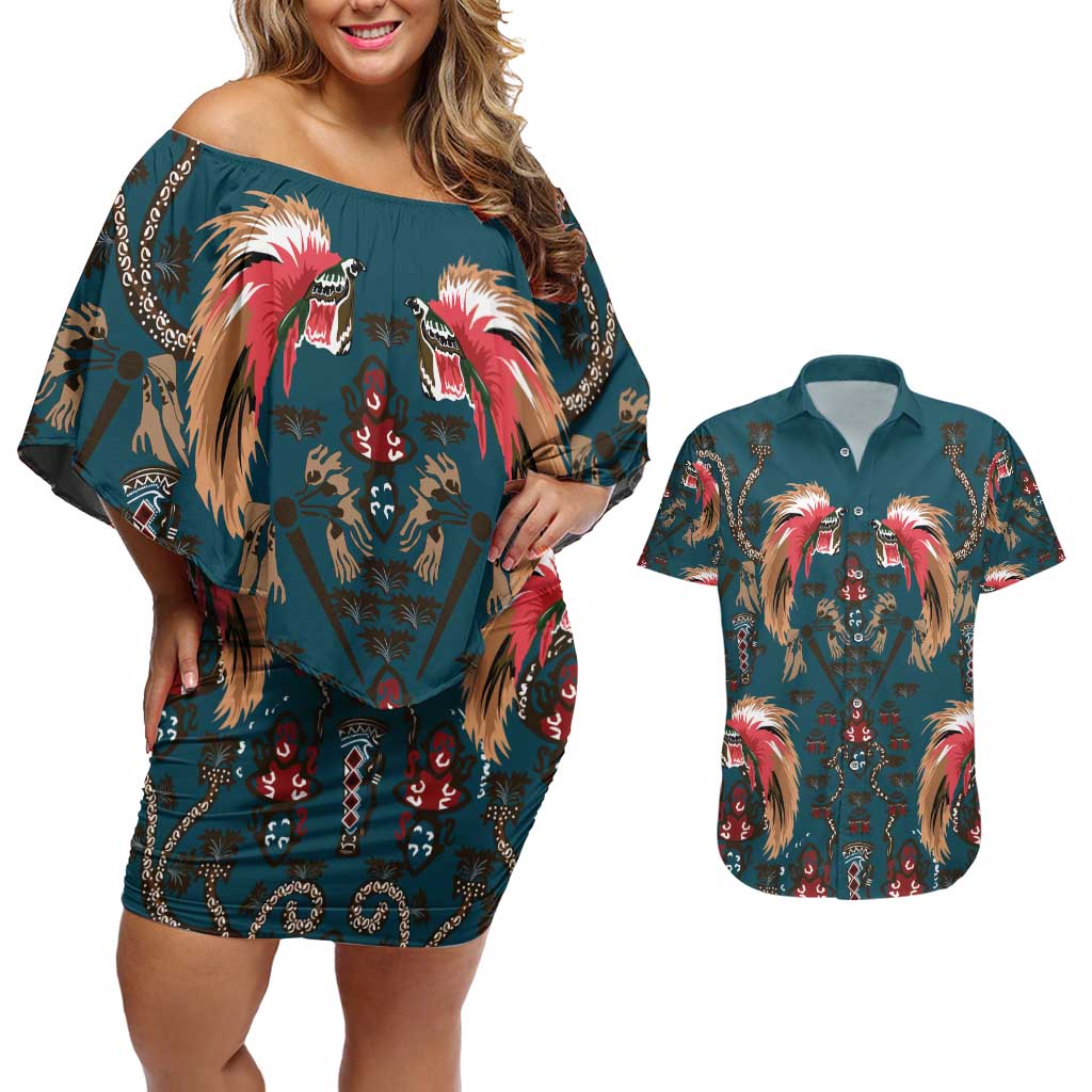 Dark Cyan Blue Bird of Batik Papua Couples Matching Off Shoulder Short Dress and Hawaiian Shirt Exotic Natural Wealth of Papua LT9 Blue - Polynesian Pride
