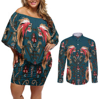 Dark Cyan Blue Bird of Batik Papua Couples Matching Off Shoulder Short Dress and Long Sleeve Button Shirt Exotic Natural Wealth of Papua LT9 Blue - Polynesian Pride