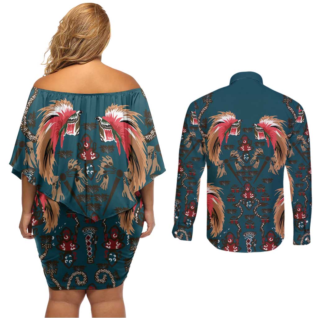 Dark Cyan Blue Bird of Batik Papua Couples Matching Off Shoulder Short Dress and Long Sleeve Button Shirt Exotic Natural Wealth of Papua LT9 - Polynesian Pride