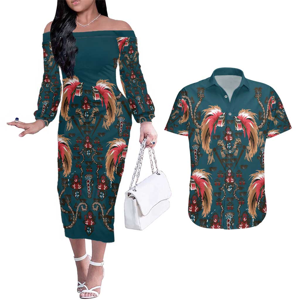 Dark Cyan Blue Bird of Batik Papua Couples Matching Off The Shoulder Long Sleeve Dress and Hawaiian Shirt Exotic Natural Wealth of Papua LT9 Blue - Polynesian Pride
