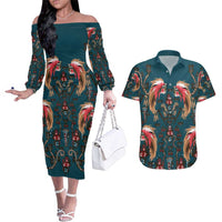 Dark Cyan Blue Bird of Batik Papua Couples Matching Off The Shoulder Long Sleeve Dress and Hawaiian Shirt Exotic Natural Wealth of Papua LT9 Blue - Polynesian Pride