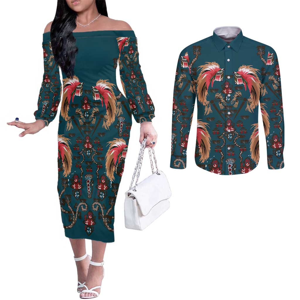 Dark Cyan Blue Bird of Batik Papua Couples Matching Off The Shoulder Long Sleeve Dress and Long Sleeve Button Shirt Exotic Natural Wealth of Papua LT9 Blue - Polynesian Pride