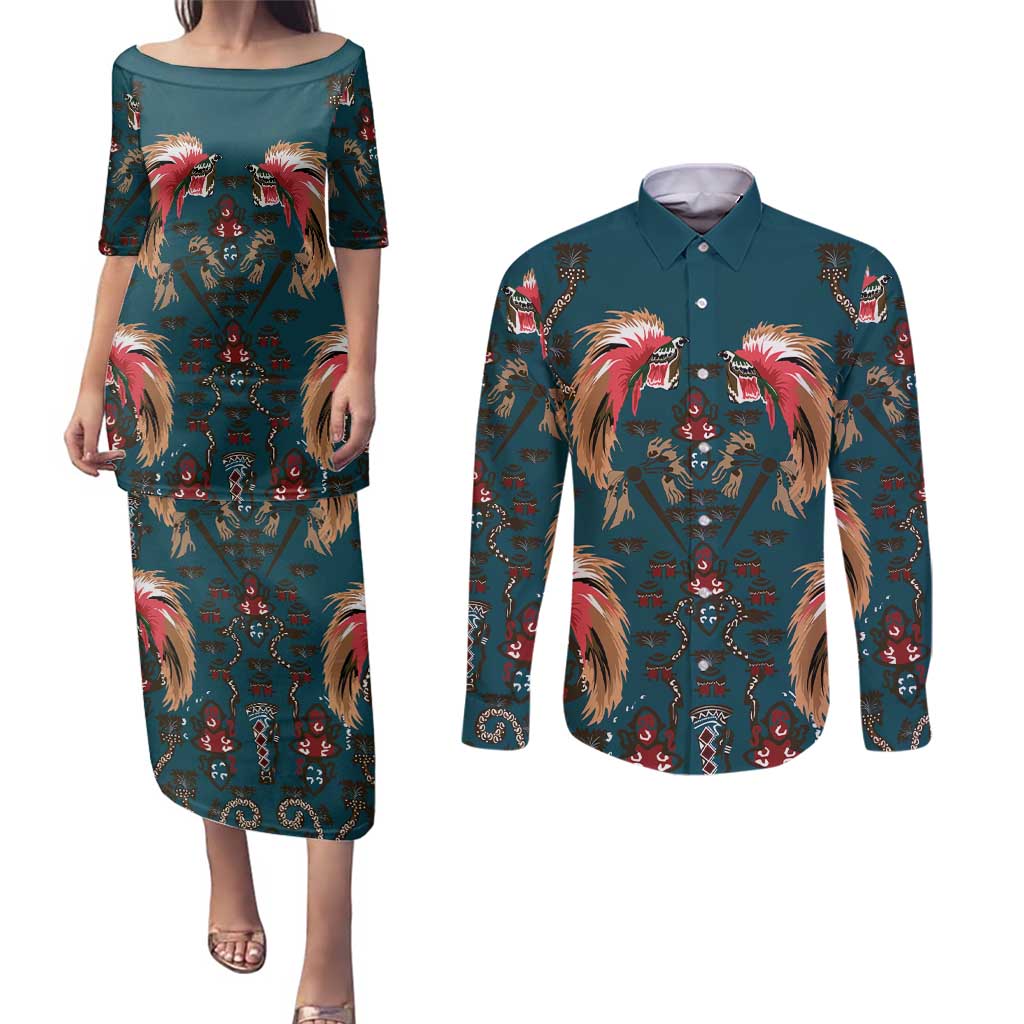 Dark Cyan Blue Bird of Batik Papua Couples Matching Puletasi and Long Sleeve Button Shirt Exotic Natural Wealth of Papua LT9 Blue - Polynesian Pride