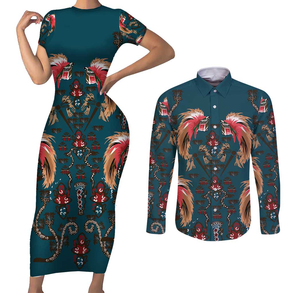 Dark Cyan Blue Bird of Batik Papua Couples Matching Short Sleeve Bodycon Dress and Long Sleeve Button Shirt Exotic Natural Wealth of Papua LT9 Blue - Polynesian Pride