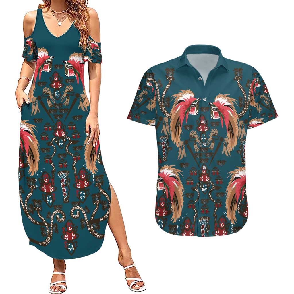 Dark Cyan Blue Bird of Batik Papua Couples Matching Summer Maxi Dress and Hawaiian Shirt Exotic Natural Wealth of Papua LT9 Blue - Polynesian Pride