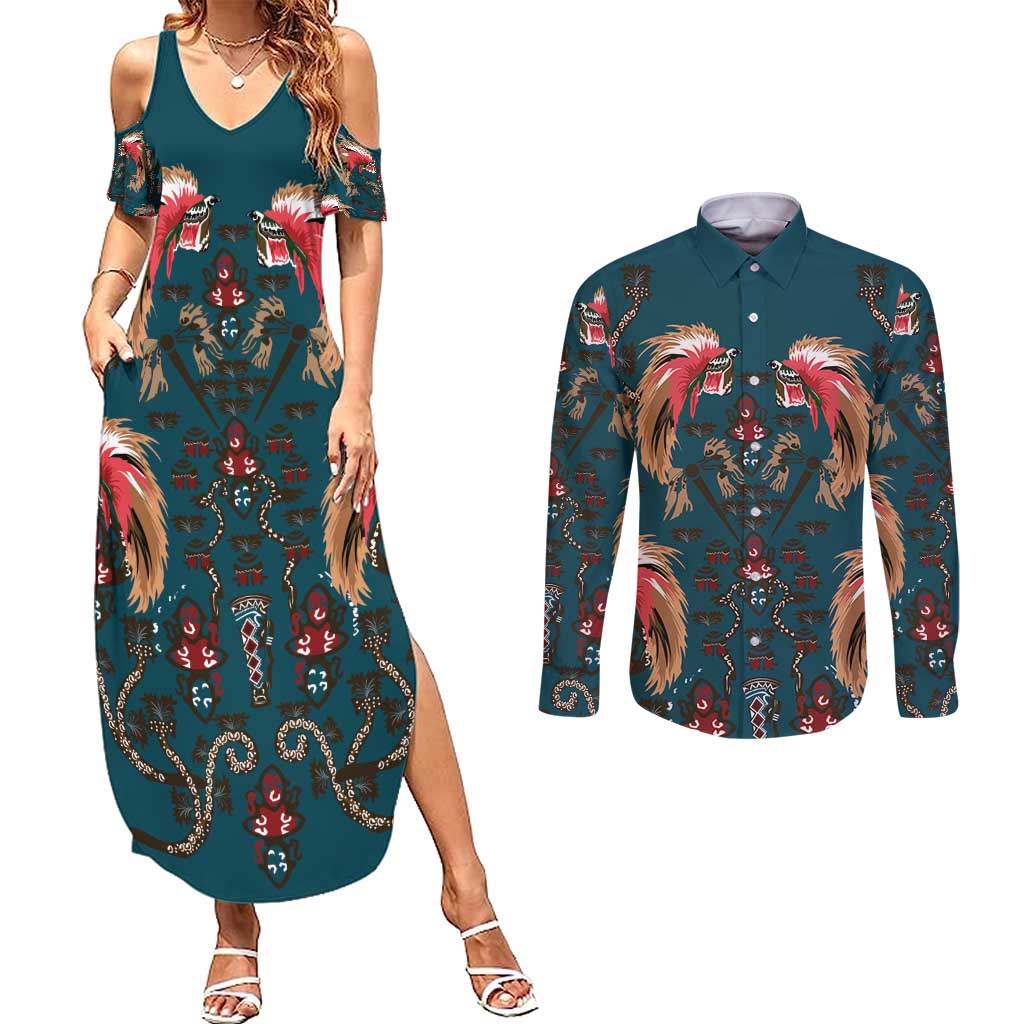 Dark Cyan Blue Bird of Batik Papua Couples Matching Summer Maxi Dress and Long Sleeve Button Shirt Exotic Natural Wealth of Papua LT9 Blue - Polynesian Pride