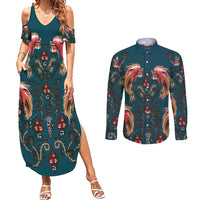 Dark Cyan Blue Bird of Batik Papua Couples Matching Summer Maxi Dress and Long Sleeve Button Shirt Exotic Natural Wealth of Papua LT9 Blue - Polynesian Pride