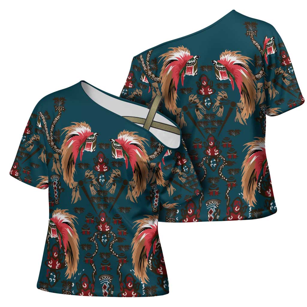 Dark Cyan Blue Bird of Batik Papua Cross Shoulder Shirt Exotic Natural Wealth of Papua LT9 - Polynesian Pride