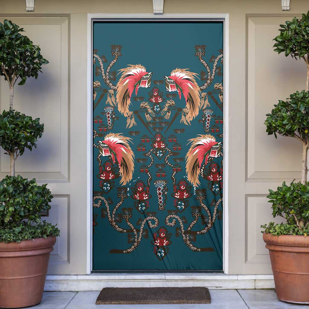 Dark Cyan Blue Bird of Batik Papua Door Cover Exotic Natural Wealth of Papua - Polynesian Pride