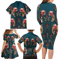 Dark Cyan Blue Bird of Batik Papua Family Matching Long Sleeve Bodycon Dress and Hawaiian Shirt Exotic Natural Wealth of Papua LT9 - Polynesian Pride