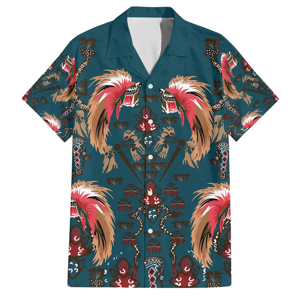 Dark Cyan Blue Bird of Batik Papua Family Matching Long Sleeve Bodycon Dress and Hawaiian Shirt Exotic Natural Wealth of Papua LT9 Dad's Shirt - Short Sleeve Blue - Polynesian Pride