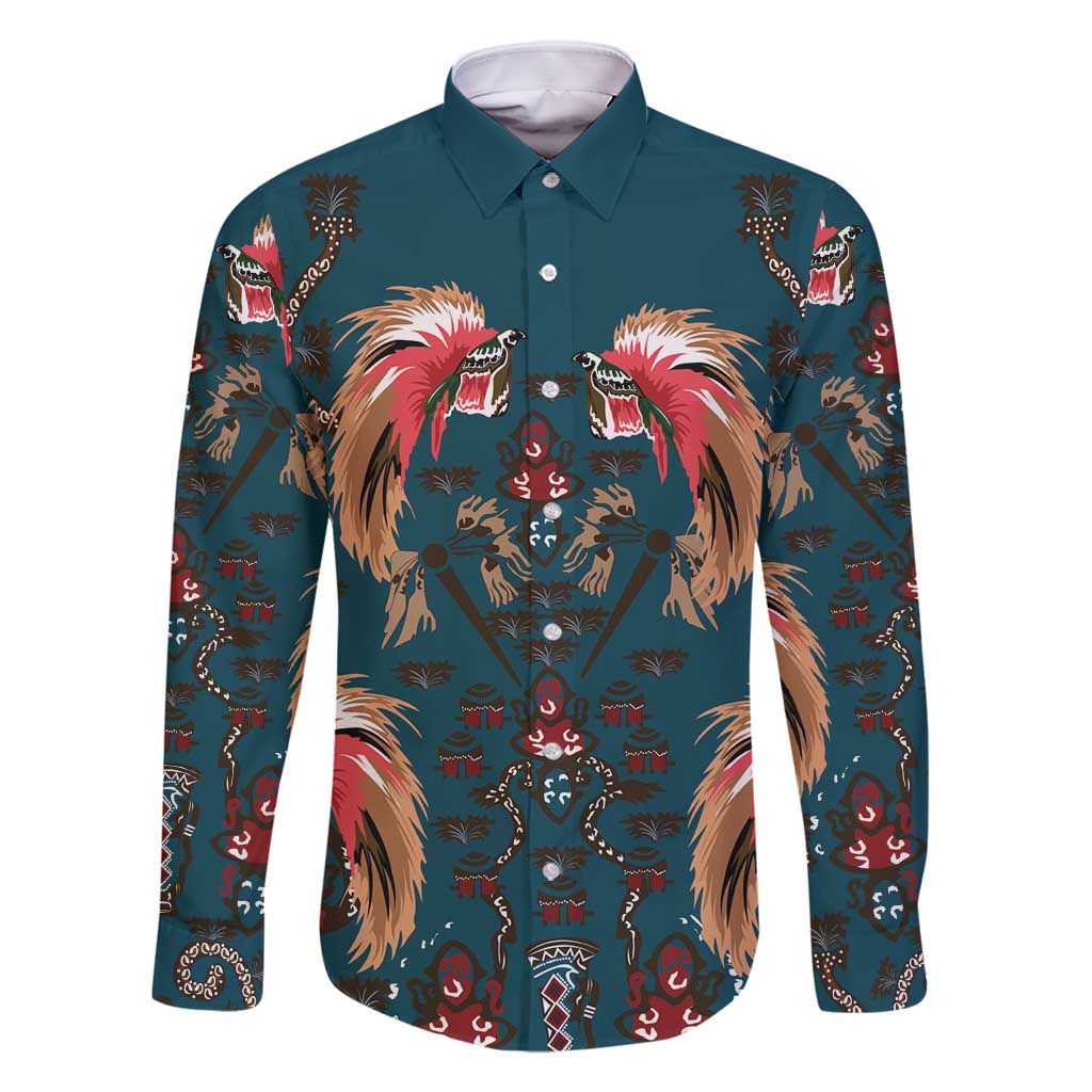 Dark Cyan Blue Bird of Batik Papua Family Matching Long Sleeve Bodycon Dress and Hawaiian Shirt Exotic Natural Wealth of Papua LT9 Dad's Shirt - Long Sleeve Blue - Polynesian Pride