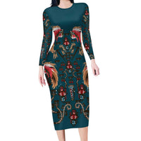 Dark Cyan Blue Bird of Batik Papua Family Matching Long Sleeve Bodycon Dress and Hawaiian Shirt Exotic Natural Wealth of Papua LT9 Mom's Dress Blue - Polynesian Pride