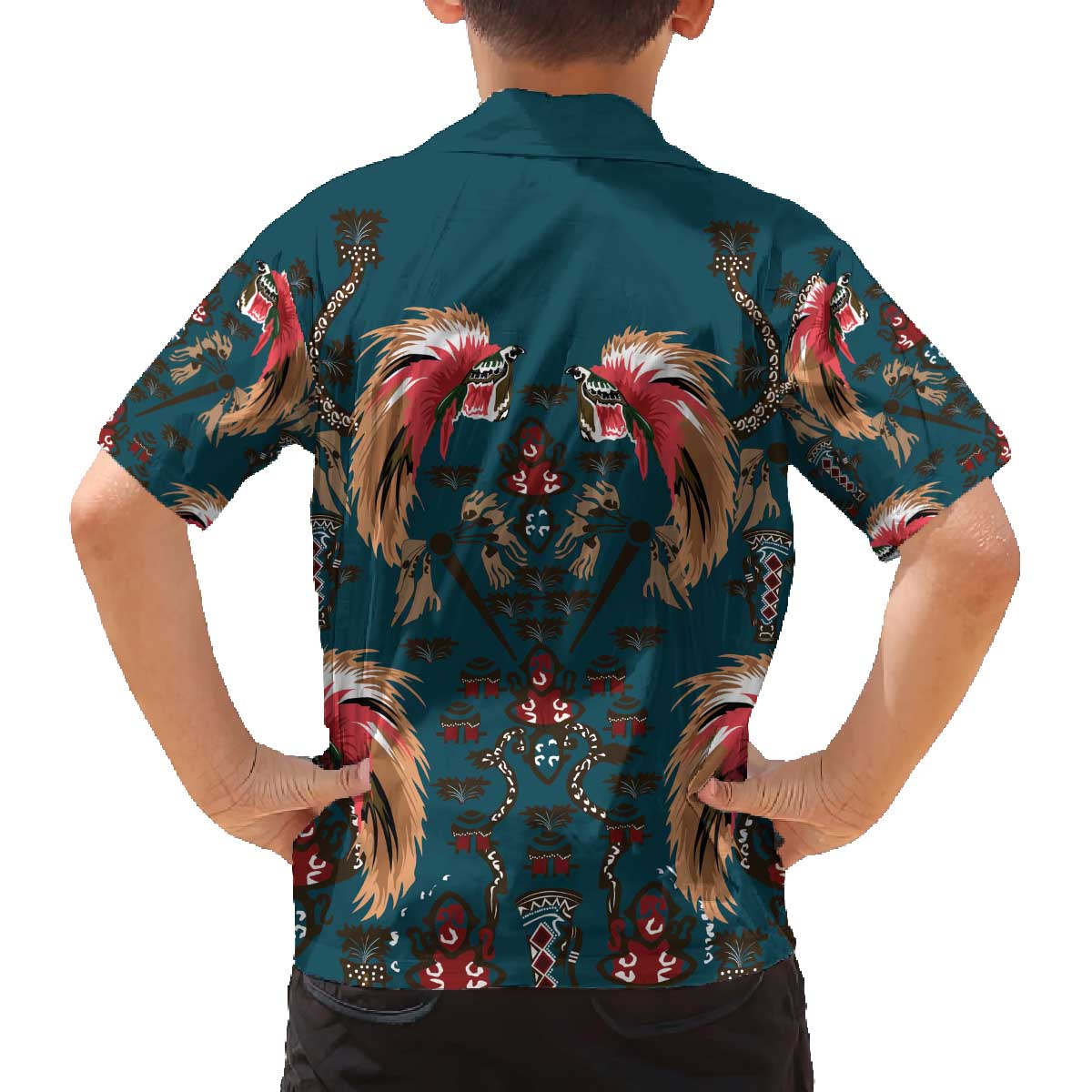 Dark Cyan Blue Bird of Batik Papua Family Matching Off The Shoulder Long Sleeve Dress and Hawaiian Shirt Exotic Natural Wealth of Papua LT9 - Polynesian Pride