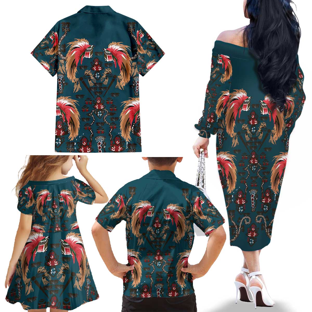 Dark Cyan Blue Bird of Batik Papua Family Matching Off The Shoulder Long Sleeve Dress and Hawaiian Shirt Exotic Natural Wealth of Papua LT9 - Polynesian Pride