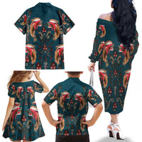 Dark Cyan Blue Bird of Batik Papua Family Matching Off The Shoulder Long Sleeve Dress and Hawaiian Shirt Exotic Natural Wealth of Papua LT9 - Polynesian Pride