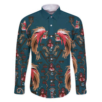 Dark Cyan Blue Bird of Batik Papua Family Matching Off The Shoulder Long Sleeve Dress and Hawaiian Shirt Exotic Natural Wealth of Papua LT9 Dad's Shirt - Long Sleeve Blue - Polynesian Pride