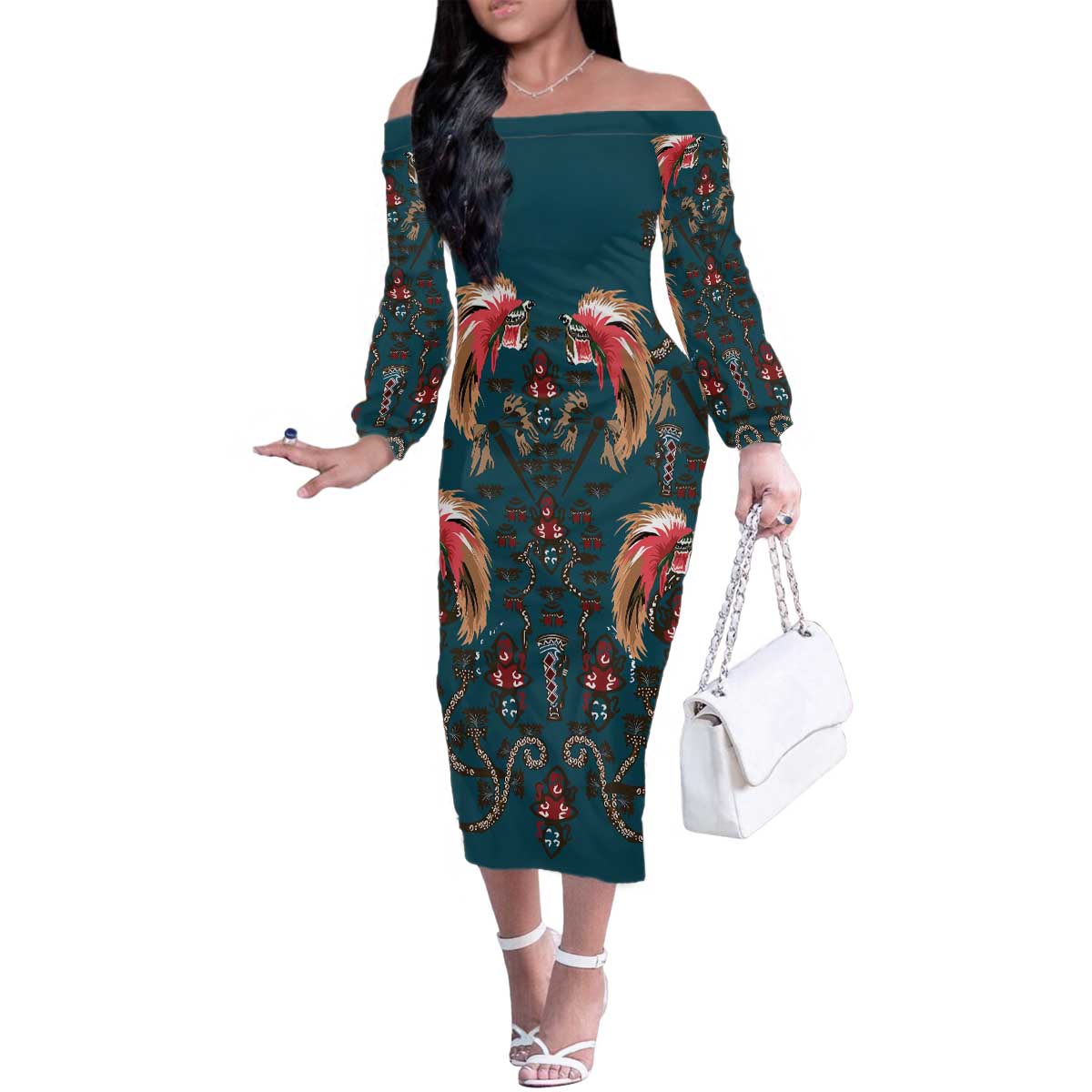 Dark Cyan Blue Bird of Batik Papua Family Matching Off The Shoulder Long Sleeve Dress and Hawaiian Shirt Exotic Natural Wealth of Papua LT9 Mom's Dress Blue - Polynesian Pride