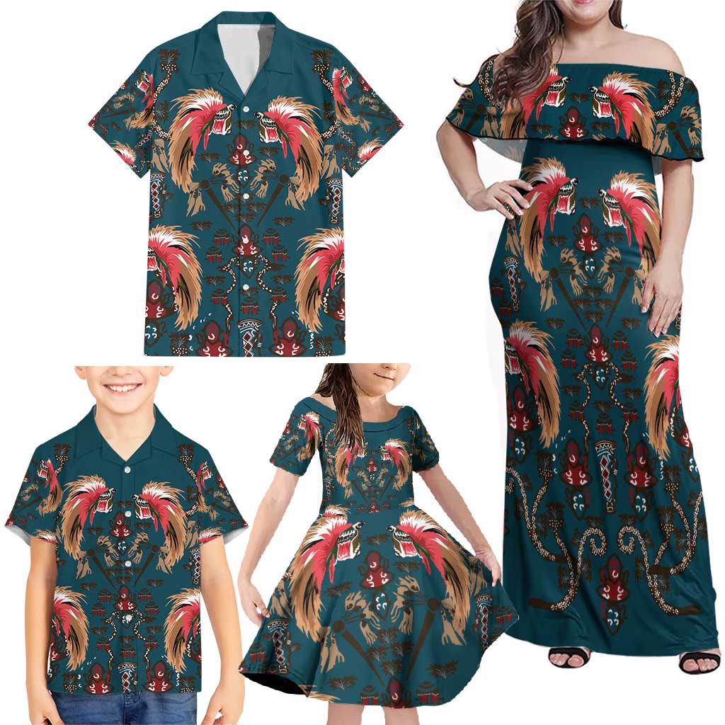 Dark Cyan Blue Bird of Batik Papua Family Matching Off Shoulder Maxi Dress and Hawaiian Shirt Exotic Natural Wealth of Papua LT9 - Polynesian Pride