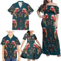 Dark Cyan Blue Bird of Batik Papua Family Matching Off Shoulder Maxi Dress and Hawaiian Shirt Exotic Natural Wealth of Papua LT9 - Polynesian Pride