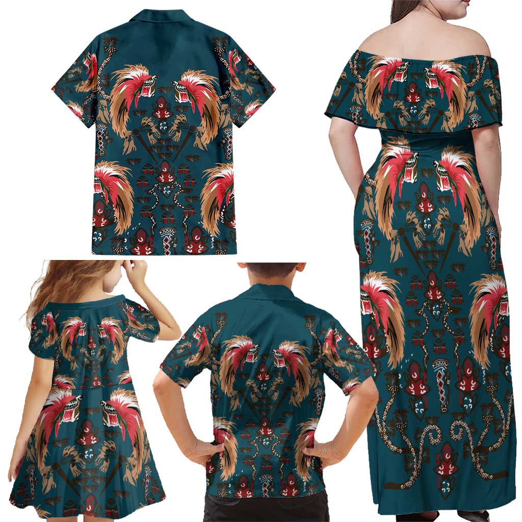 Dark Cyan Blue Bird of Batik Papua Family Matching Off Shoulder Maxi Dress and Hawaiian Shirt Exotic Natural Wealth of Papua LT9 - Polynesian Pride