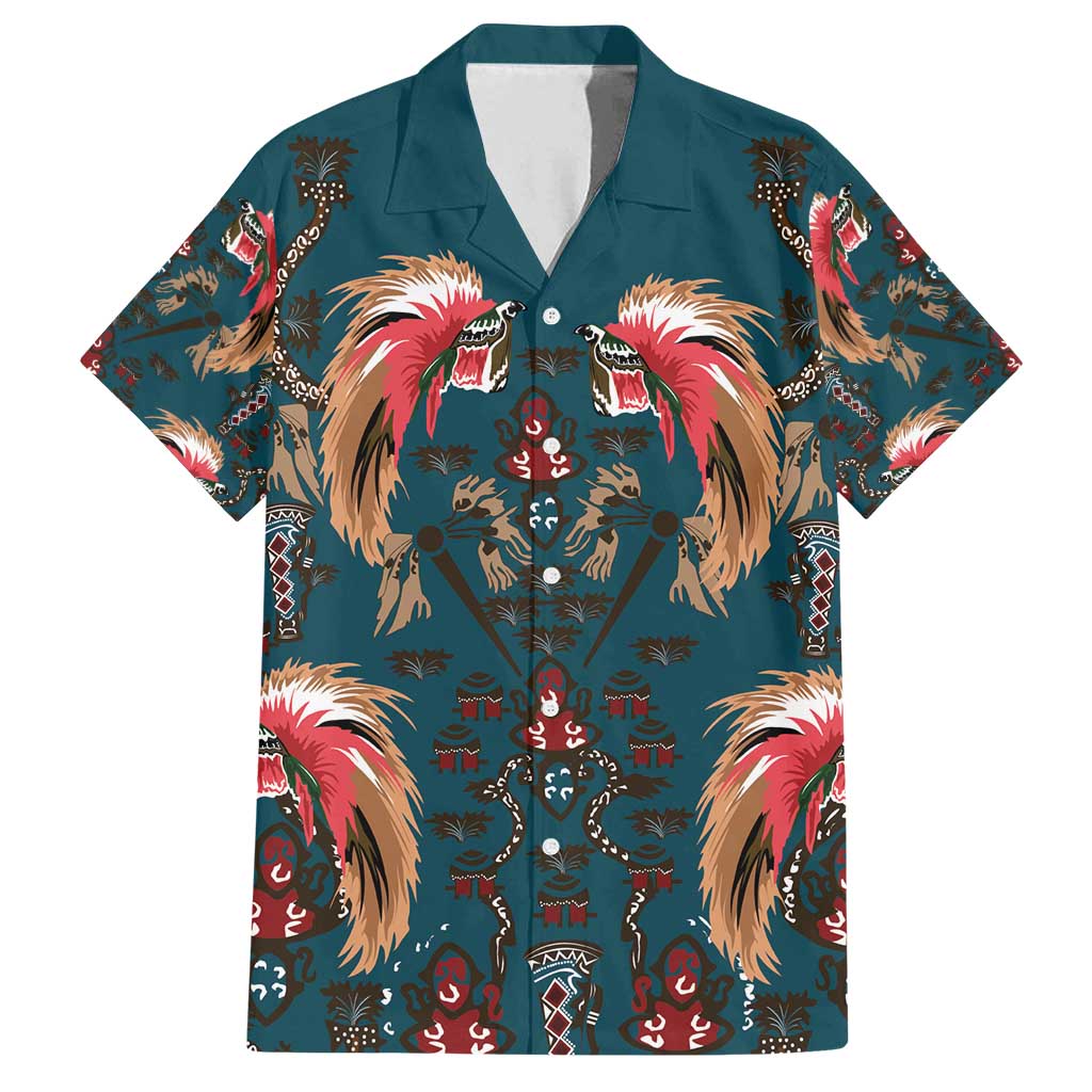 Dark Cyan Blue Bird of Batik Papua Family Matching Off Shoulder Maxi Dress and Hawaiian Shirt Exotic Natural Wealth of Papua LT9 Dad's Shirt - Short Sleeve Blue - Polynesian Pride