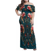 Dark Cyan Blue Bird of Batik Papua Family Matching Off Shoulder Maxi Dress and Hawaiian Shirt Exotic Natural Wealth of Papua LT9 Mom's Dress Blue - Polynesian Pride