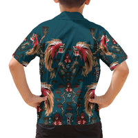 Dark Cyan Blue Bird of Batik Papua Family Matching Off Shoulder Short Dress and Hawaiian Shirt Exotic Natural Wealth of Papua LT9 - Polynesian Pride
