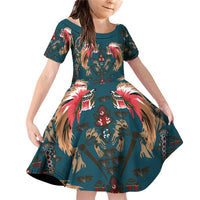Dark Cyan Blue Bird of Batik Papua Family Matching Off Shoulder Short Dress and Hawaiian Shirt Exotic Natural Wealth of Papua LT9 Daughter's Dress Blue - Polynesian Pride