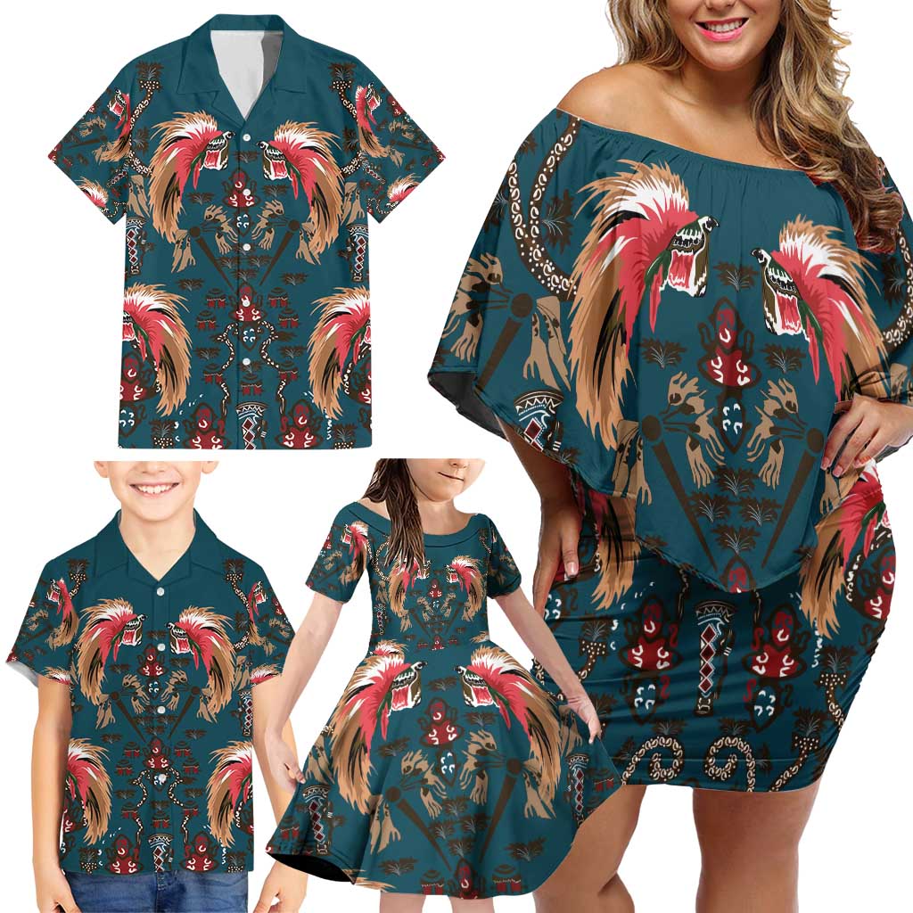 Dark Cyan Blue Bird of Batik Papua Family Matching Off Shoulder Short Dress and Hawaiian Shirt Exotic Natural Wealth of Papua LT9 - Polynesian Pride