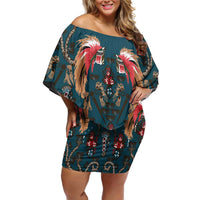 Dark Cyan Blue Bird of Batik Papua Family Matching Off Shoulder Short Dress and Hawaiian Shirt Exotic Natural Wealth of Papua LT9 Mom's Dress Blue - Polynesian Pride