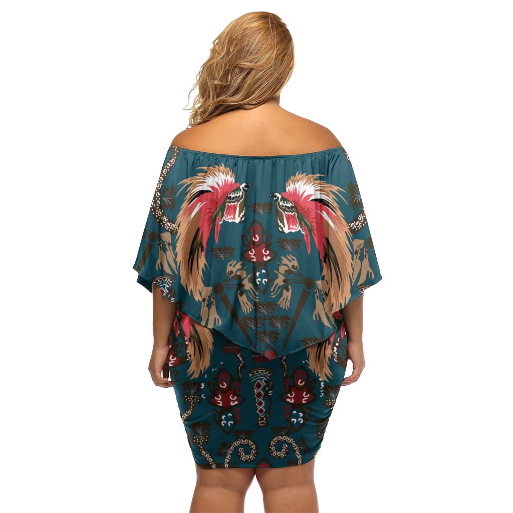 Dark Cyan Blue Bird of Batik Papua Family Matching Off Shoulder Short Dress and Hawaiian Shirt Exotic Natural Wealth of Papua LT9 - Polynesian Pride