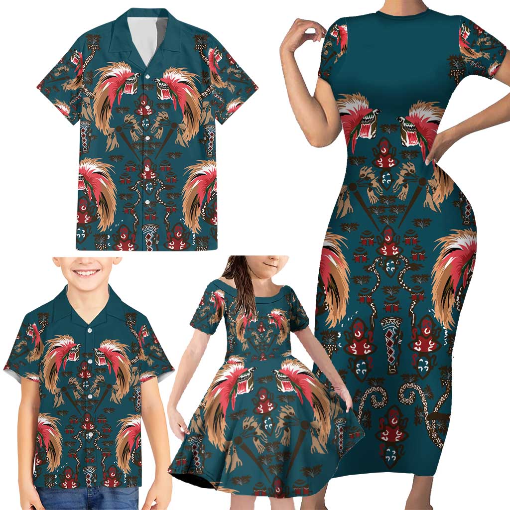 Dark Cyan Blue Bird of Batik Papua Family Matching Short Sleeve Bodycon Dress and Hawaiian Shirt Exotic Natural Wealth of Papua LT9 - Polynesian Pride