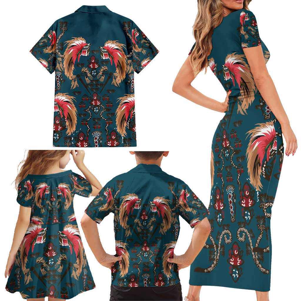 Dark Cyan Blue Bird of Batik Papua Family Matching Short Sleeve Bodycon Dress and Hawaiian Shirt Exotic Natural Wealth of Papua LT9 - Polynesian Pride