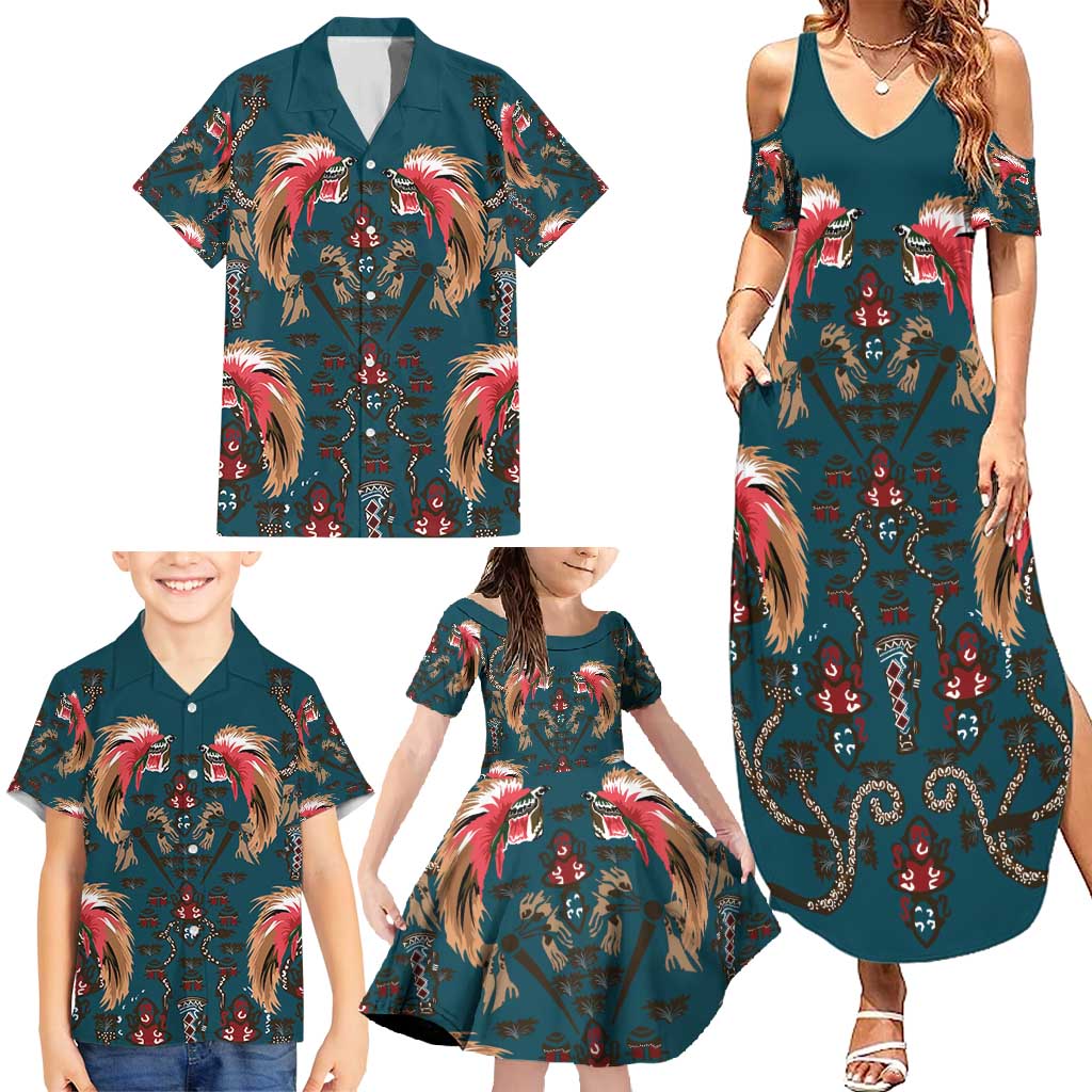Dark Cyan Blue Bird of Batik Papua Family Matching Summer Maxi Dress and Hawaiian Shirt Exotic Natural Wealth of Papua LT9 - Polynesian Pride