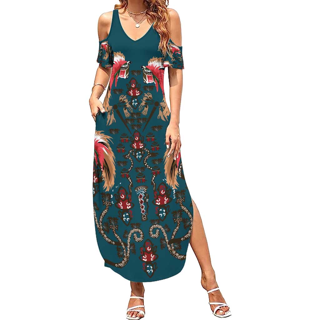 Dark Cyan Blue Bird of Batik Papua Family Matching Summer Maxi Dress and Hawaiian Shirt Exotic Natural Wealth of Papua LT9 Mom's Dress Blue - Polynesian Pride