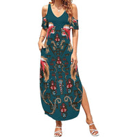 Dark Cyan Blue Bird of Batik Papua Family Matching Summer Maxi Dress and Hawaiian Shirt Exotic Natural Wealth of Papua LT9 Mom's Dress Blue - Polynesian Pride