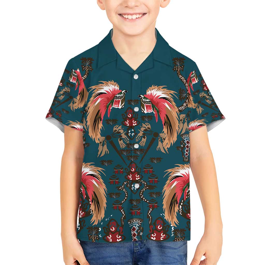 Dark Cyan Blue Bird of Batik Papua Family Matching Summer Maxi Dress and Hawaiian Shirt Exotic Natural Wealth of Papua LT9 Son's Shirt Blue - Polynesian Pride