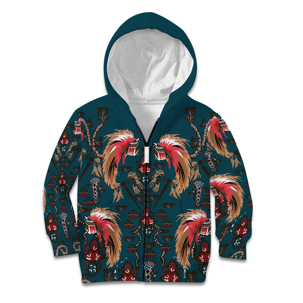 Dark Cyan Blue Bird of Batik Papua Kid Hoodie Exotic Natural Wealth of Papua LT9 Zip Hoodie Blue - Polynesian Pride