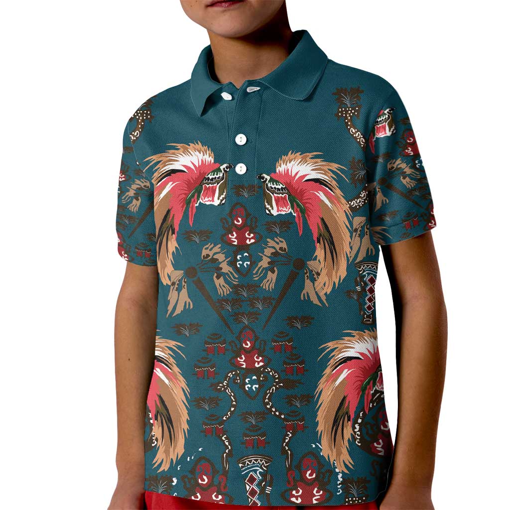 Dark Cyan Blue Bird of Batik Papua Kid Polo Shirt Exotic Natural Wealth of Papua LT9 Kid Blue - Polynesian Pride
