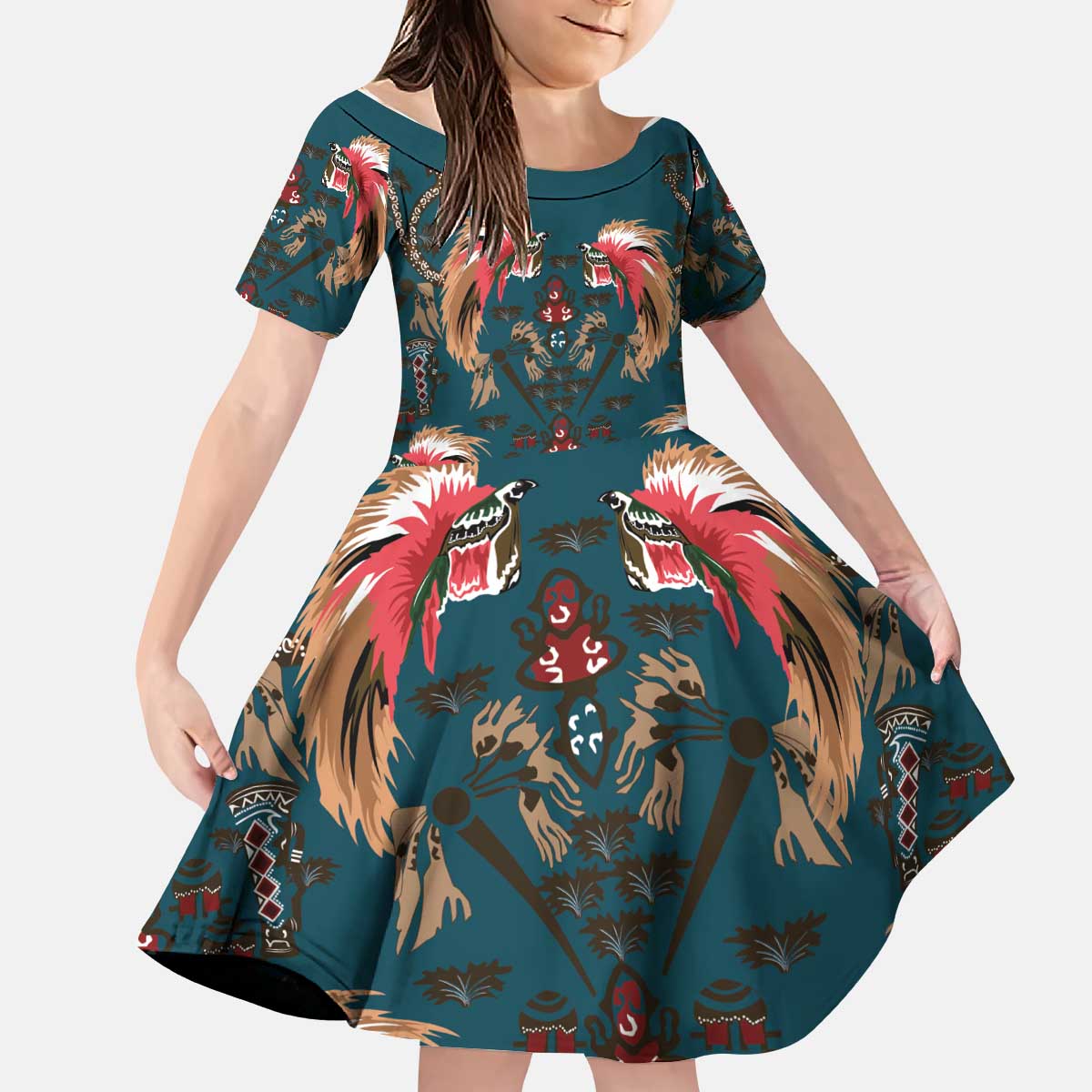 Dark Cyan Blue Bird of Batik Papua Kid Short Sleeve Dress Exotic Natural Wealth of Papua LT9 KID Blue - Polynesian Pride