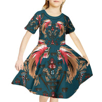 Dark Cyan Blue Bird of Batik Papua Kid Short Sleeve Dress Exotic Natural Wealth of Papua LT9 - Polynesian Pride