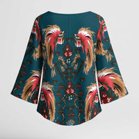 Dark Cyan Blue Bird of Batik Papua Kimono Sleeve Blouse Exotic Natural Wealth of Papua LT9 - Polynesian Pride