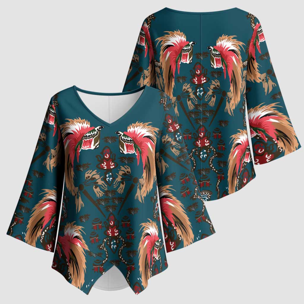 Dark Cyan Blue Bird of Batik Papua Kimono Sleeve Blouse Exotic Natural Wealth of Papua LT9 - Polynesian Pride